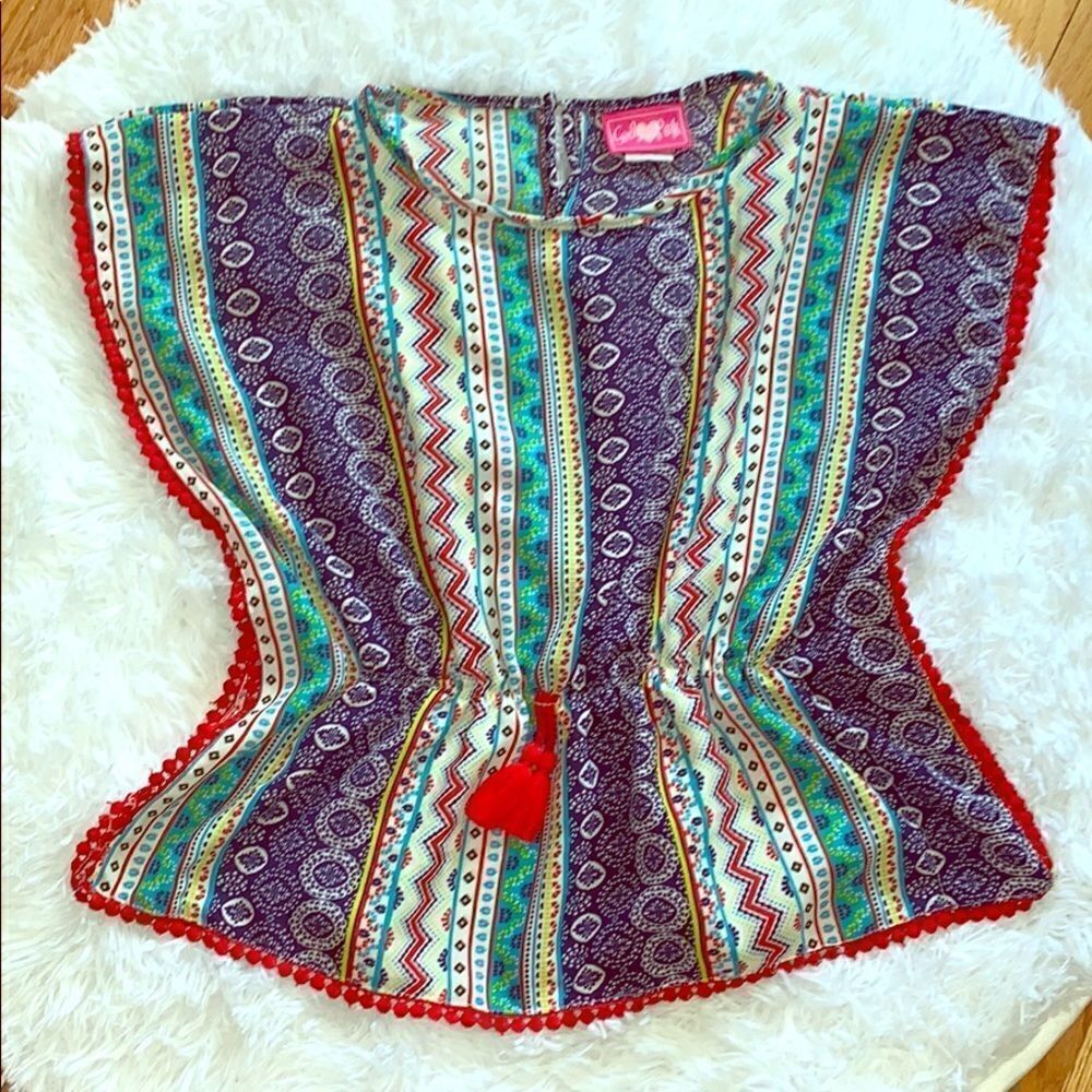 Girls Pink Girl’s Mixed Paisely Print Pom Pom Trim Boho Poncho Blouse Top 14/16